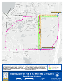 Meadowbrook Rd from 12 Mile to 13Mile Detour Map